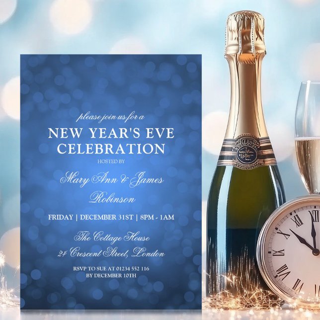 Elegant New Years Eve Navy Blue Bokeh Lights Invitation (Elegant New Years Eve Navy Blue Bokeh Lights Invitation)