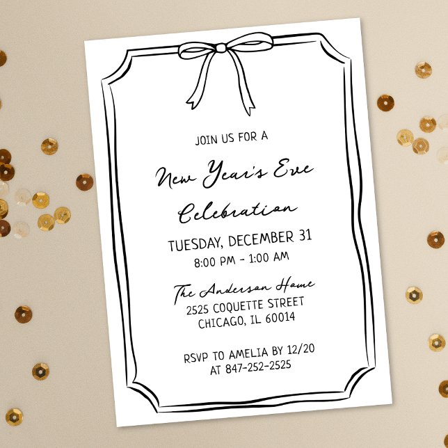 Elegant New Year's Eve Party Black and White Bow Invitation (Creator Uploaded)