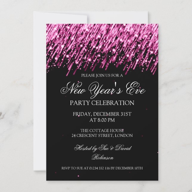 Elegant New Years Eve Party Falling Pink Stars Invitation (Front)