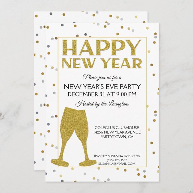Elegant New Years Eve Party Glitter Confetti Invitation (Front/Back)