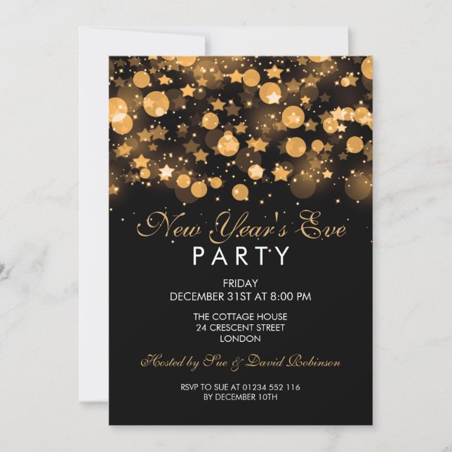 Elegant New Years Eve Party Gold Sparkling Stars Invitation (Front)