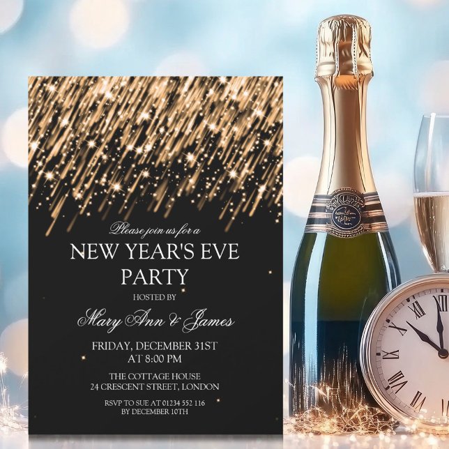 Elegant New Years Eve Party Gold Stars & Sparkles Invitation (Elegant New Years Eve Party Gold Stars & Sparkles Invitation)