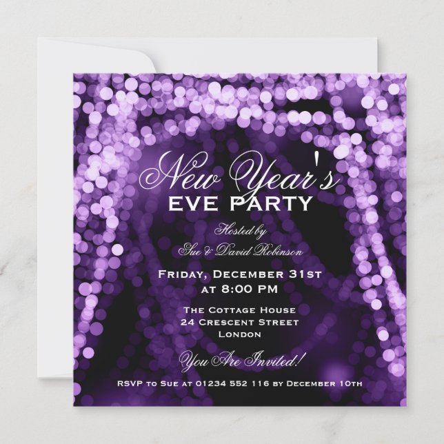 Elegant New Years Eve Party String Lights Purple Invitation (Front)