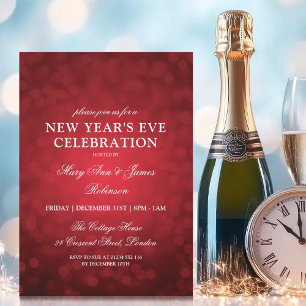 Elegant New Years Eve Red Bokeh Lights Invitation