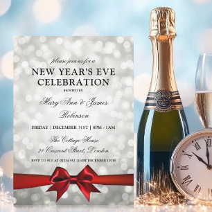 Elegant New Years Eve Silver Bokeh Lights Red Bow Invitation