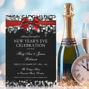 Elegant New Years Eve Silver Shimmering Lights Bow Invitation