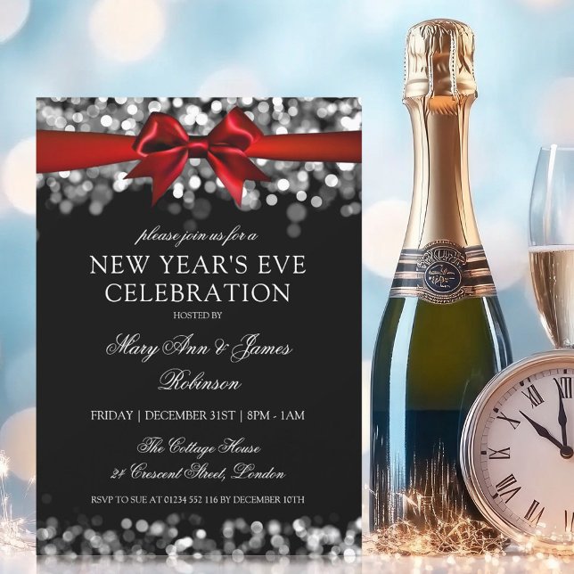 Elegant New Years Eve Silver Shimmering Lights Bow Invitation (Elegant New Years Eve Silver Shimmering Lights Bow Invitation)