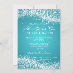 Elegant New Years Eve Sparkling Wave Turquoise Invitation