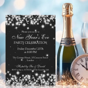 Elegant New Years Eve Winter Sparkle Black Invitation
