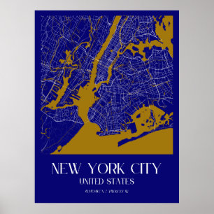 Elegant New York City Map - Blue & Gold Urban  Poster