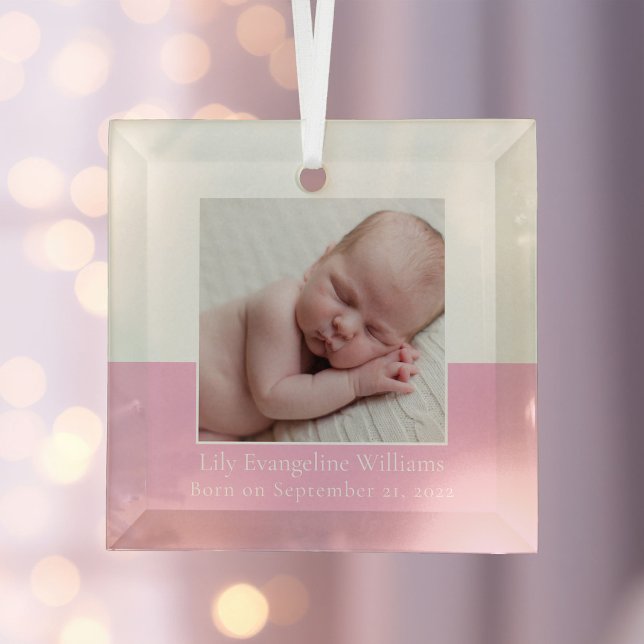 Elegant Newborn Baby Girl Photo Pink Keepsake Glass Tree Decoration (Creator Uploaded)