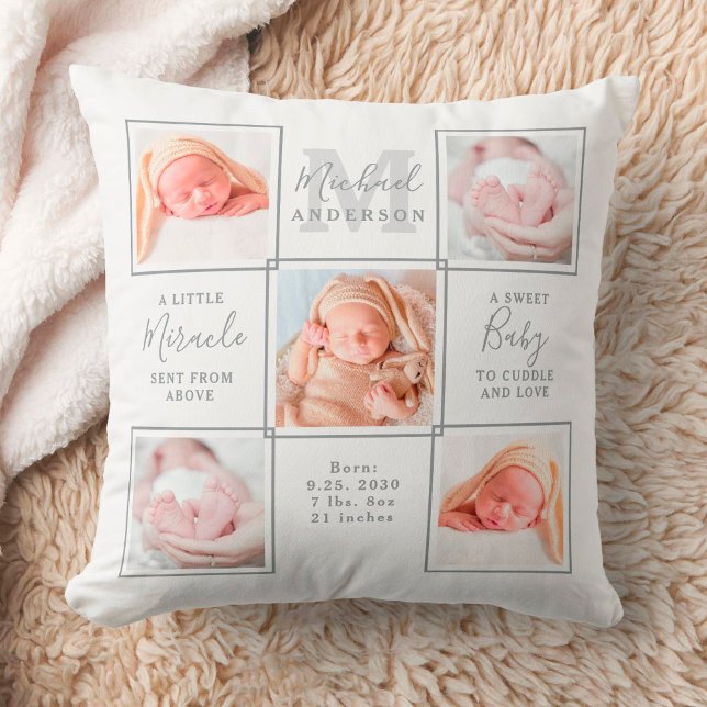 Elegant Newborn Baby Personalised 5 Photo Collage  Cushion (Creator Uploaded)