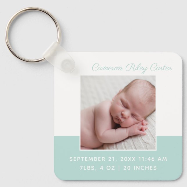 Elegant Newborn Baby Photo Teal Keepsake Gift Key Ring (Front)