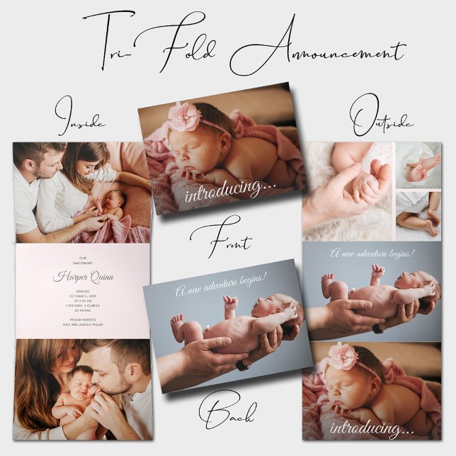Elegant Newborn Photo Collage Tri-Fold Announcement (Elegant newborn photo collage tri-fold birth announcements)