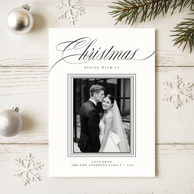 Elegant Newlywed Black & White 2 Photo Christmas Holiday Card (Creator Uploaded)