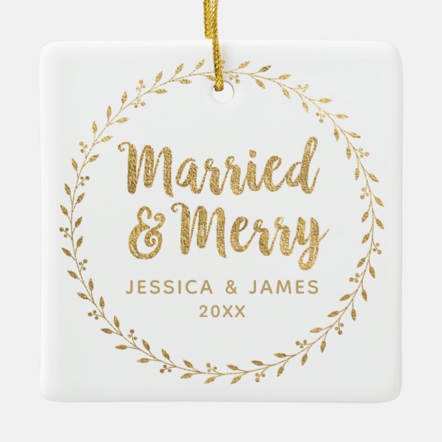 Elegant Newlywed Christmas Married and Merry Ceramic Ornament (Front)