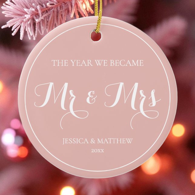 Elegant Newlywed First Christmas Mr and Mrs Ceramic Ornament (Elegant Pink Newlywed First Christmas Mr and Mrs Ceramic Ornament)
