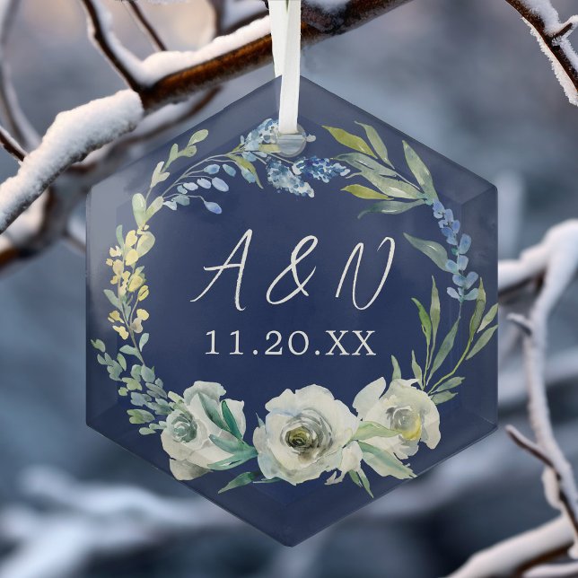 Elegant Newlywed Gift Custom Blue Floral Christmas Glass Tree Decoration (Creator Uploaded)