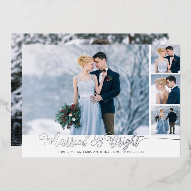 Elegant Newlywed Married & Bright Photo Collage Foil Holiday Card (Front/Back)