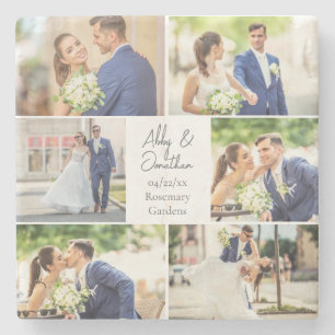Elegant Newlywed Married Couple Photo Collage Stone Coaster