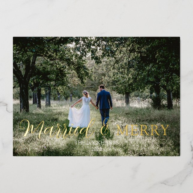 Elegant Newlywed Married & Merry Foil Holiday Card (Front)