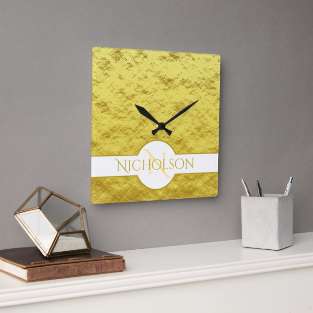 Elegant Newlywed Monogram Custom Name Gold Texture Square Wall Clock (Office)