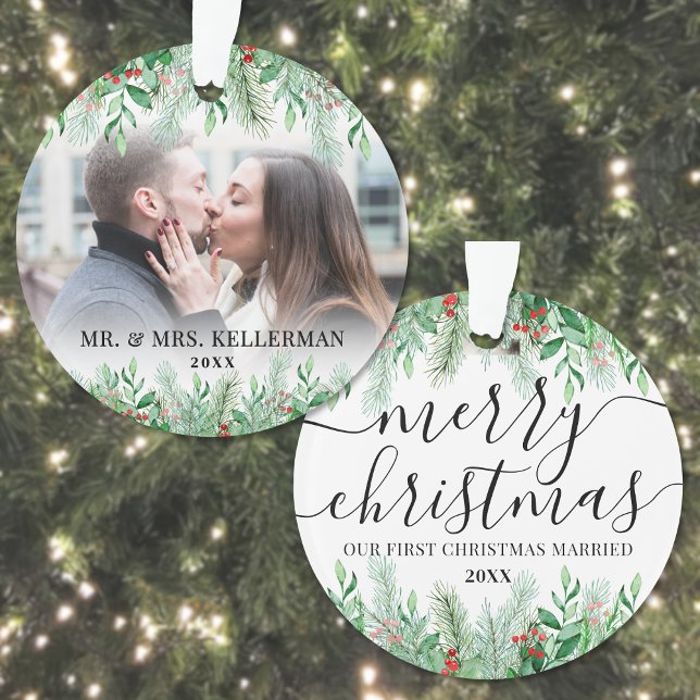 Elegant Newlywed Photo First Christmas Married Ornament (Elegant Newlywed Photo First Christmas Married Ornament )