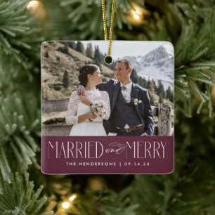 Elegant Newlywed Wine Photo Married and Merry Ceramic Ornament