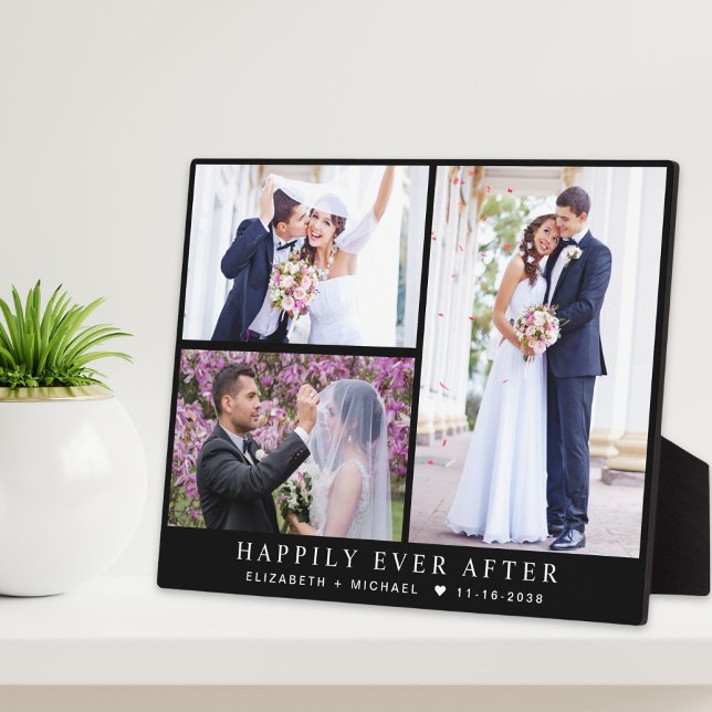 Elegant Newlyweds 3 Photo Collage Black Wedding Plaque (Creator Uploaded)