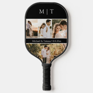 elegant newlyweds 4 photos monogram black & white pickleball paddle