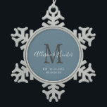Elegant Newlyweds Established Blue Monogram Name Snowflake Pewter Christmas Ornament<br><div class="desc">Give a perfect keepsake with this Elegant Newlyweds Established Blue Monogram Name Snowflake Pewter Christmas Ornament. It is a modern customisable design in dusty blue, white and grey. Bride and groom's first names are on the centre in modern white handwriting script lettering and initial of new last name is in...</div>