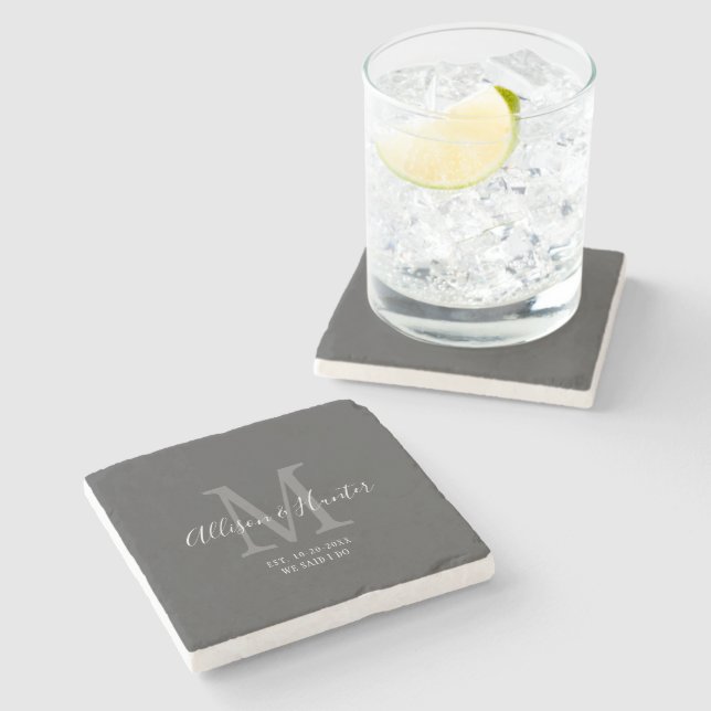 Elegant Newlyweds Established Monogram Name Grey Stone Coaster (Side)