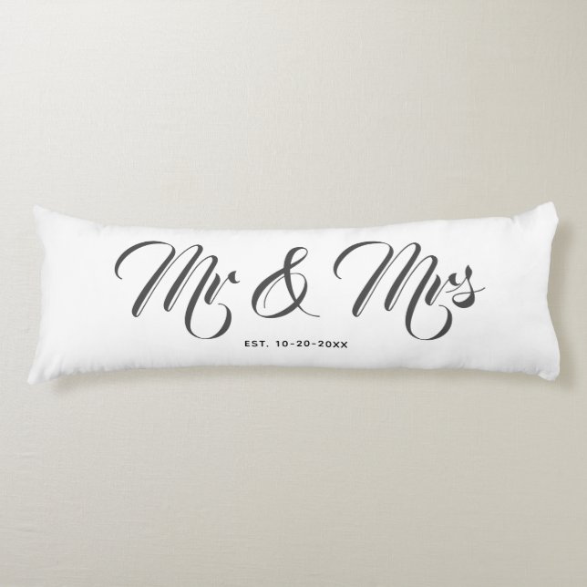 Elegant Newlyweds Mr And Mrs White Grey Script Body Cushion (Front)