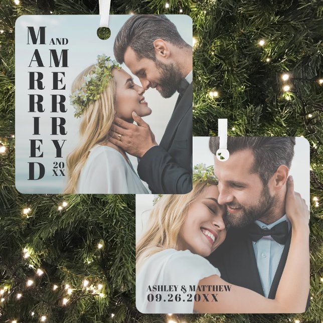 Elegant Newlyweds Photo Married Merry Christmas Metal Tree Decoration (Simple Elegant Photo Married Merry Christmas Metal Ornament)