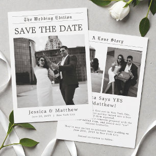 Elegant Newspaper Black and White Photo Wedding Save The Date