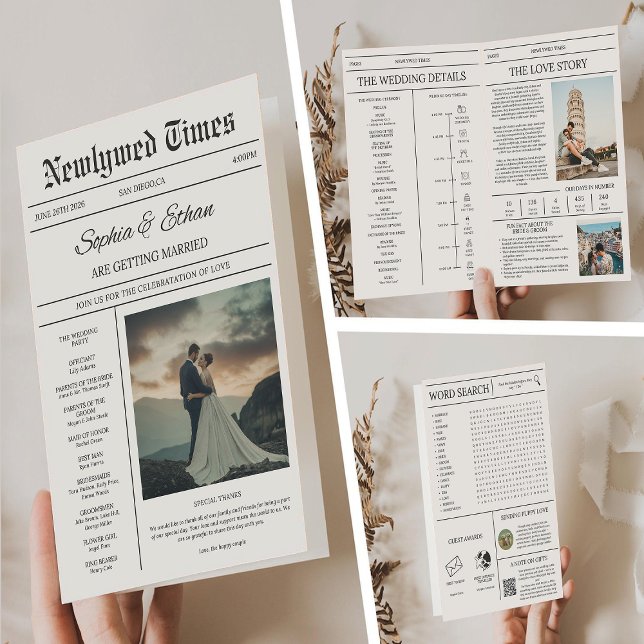 Elegant Newspaper Details Timeline Wedding Invitation (Creator Uploaded)