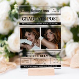 Elegant Newspaper Themed 2 Photo Graduation Party Acrylic Invitations