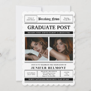Elegant Newspaper Themed 2 Photo Graduation Party Invitation