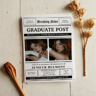Elegant Newspaper Themed 2 Photo Graduation Party Invitation