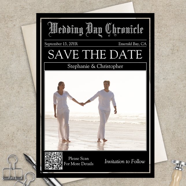Elegant Newspaper Wedding QR Code Save the Date Acrylic Invitations (Elegant Black and White Newspaper Layout Acrylic QR code Save the Date)