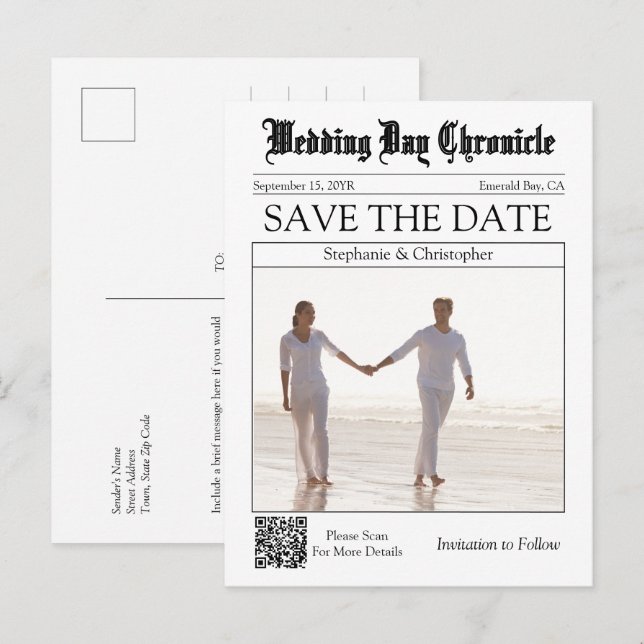 Elegant Newspaper Wedding QR Code Save the Date Postcard (Front/Back)