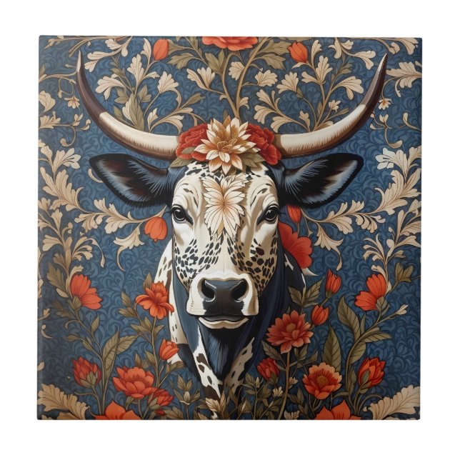 Elegant Nguni Cow William Morris Inspired Ceramic Tile (Front)