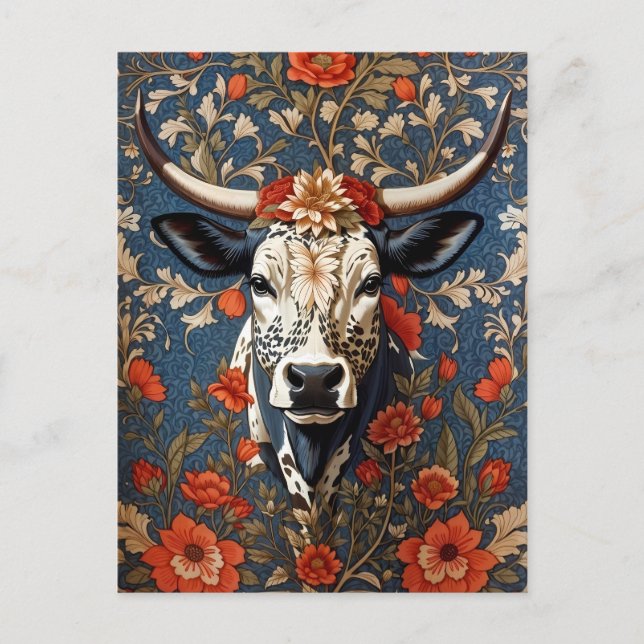 Elegant Nguni Cow William Morris Inspired Postcard (Front)
