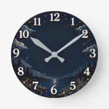 Elegant Night Sky Mountain Lake Wall Clock
