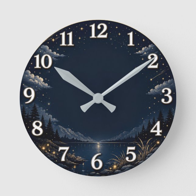 Elegant Night Sky Mountain Lake Wall Clock (Front)