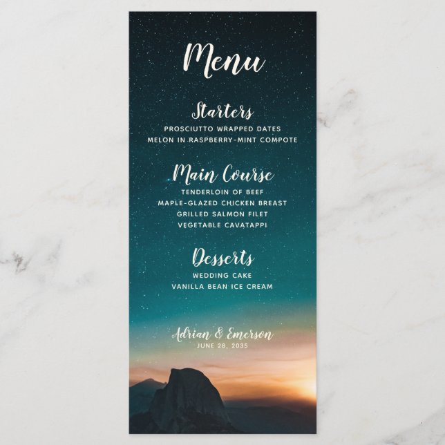 Elegant Night Sky Mountains Galaxy Stars Wedding Menu (Front)