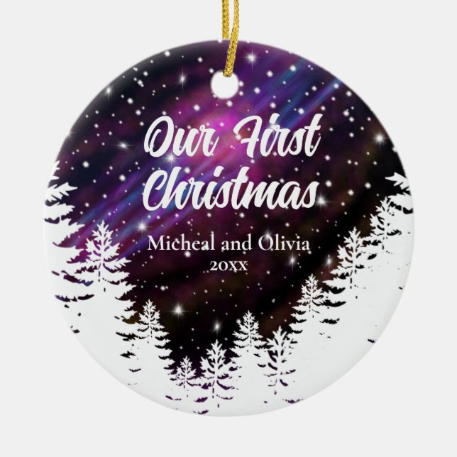 Elegant night starry sky pine trees personalise ceramic ornament (Front)