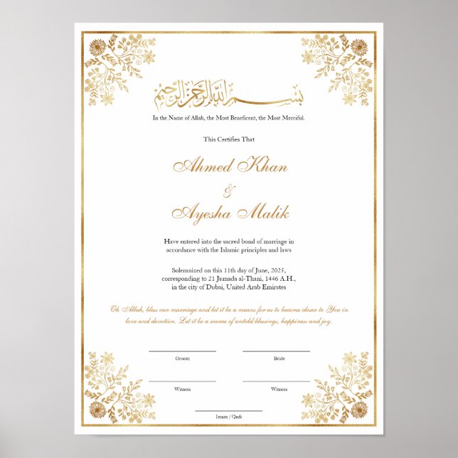 Elegant Nikkah Certificate Muslim Islamic Wedding Poster (Front)