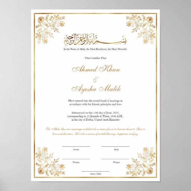 Elegant Nikkah Certificate Muslim Islamic Wedding Poster (Front)