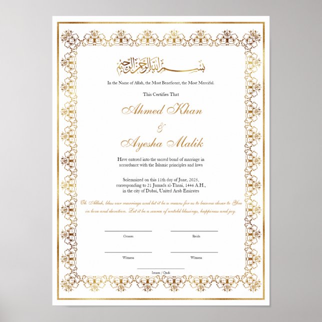 Elegant Nikkah Certificate Muslim Islamic Wedding Poster (Front)
